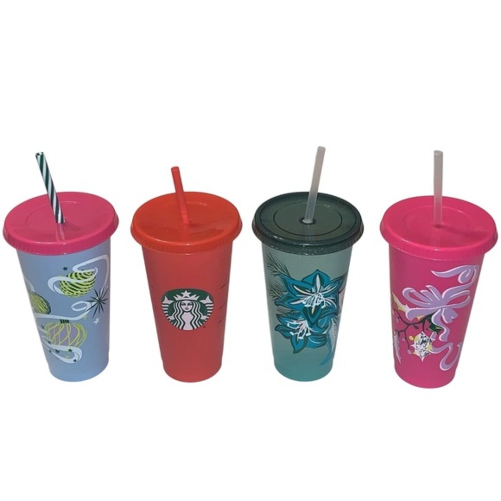 Starbucks Plastic 24oz Tumbler Cups (Lot of 4 ) Mixed Color Reusable w/ Lid Cold